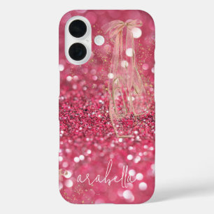 Schicke goldene Ballerina-Tanzschuhe Pink Glitter iPhone 16 Hülle