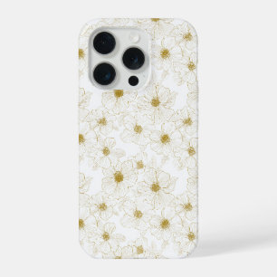 Schicke Goldene Linie Blumen Weiße Blumige Musteru iPhone 15 Pro Hülle