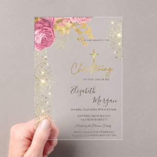 Schicke goldene Taufkreuz Gold Glitter Rosa Rosen Acryleinladungen