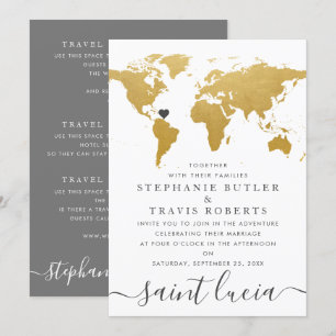 Schicke goldene und graue Weltkarte Hochzeit im Au Einladung