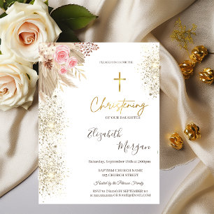 Schicke Goldkreuz-Taufe Gold Glitter Boho Blumen Einladung