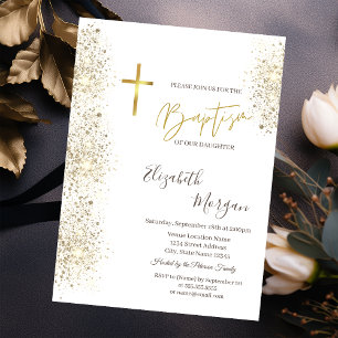 Schicke Goldkreuz-Taufe Gold Glitter Konfetti Einladung