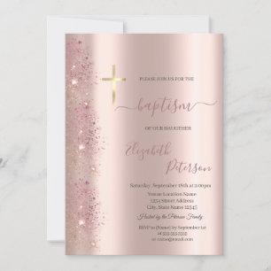 Schicke Goldkreuz-Taufe Roségold Glitterstaub Einladung