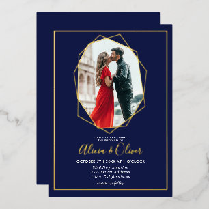 Schicke Goldrahmen-Terrarium-Hochzeit in navyblaue Folieneinladung