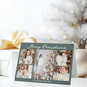 Schicke graugrüne Weihnachts-Fotocollage gefaltet Feiertagskarte