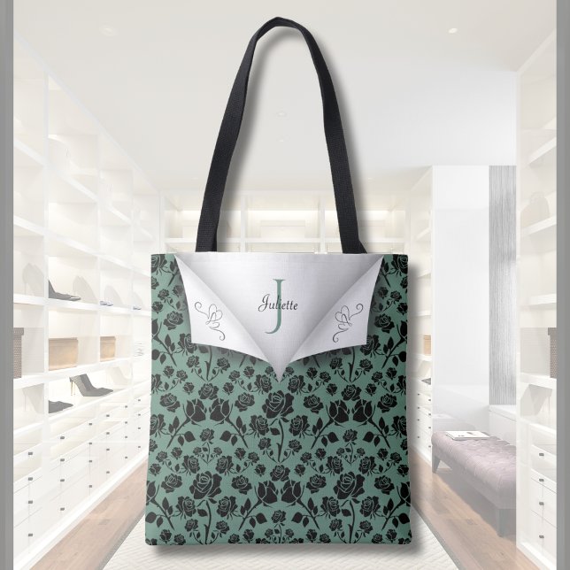Schicke grüne und schwarze Rose Monogramm-Tasche (Chic Green and Black Rose Monogram Tote Bag)