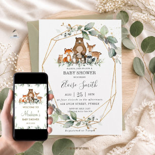 Schicke Grüne Waldtiere Baby Shower Neutral Einladung