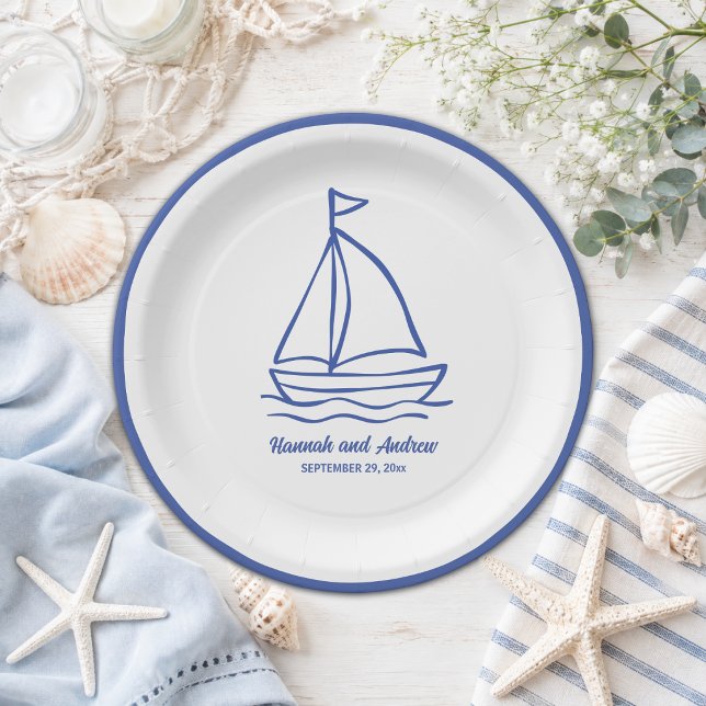 Schicke handgezeichnete Boote mit Wellen Hochzeit Pappteller (Von Creator hochgeladen)