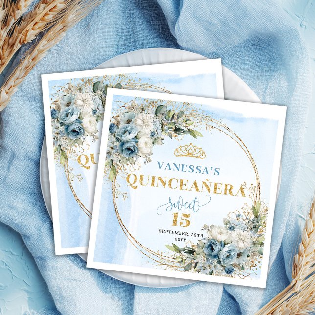 Schicke hellblaue Blumen mit Goldglitter zum 15. G Serviette (Chic Light Blue Floral Gold Glitter 15th Birthday Napkins)