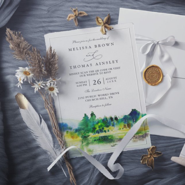 Schicke ländliche Bergfluss-QR-Code-Hochzeit Einladung (Von Creator hochgeladen)