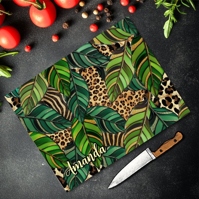 Schicke Leopard Monogramm Monstera Blätter Schneidebrett (Von Creator hochgeladen)