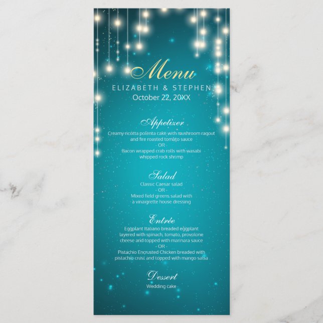 Schicke Lichterkette Türkis Glitter Hochzeitsmenü Menükarte (Vorderseite)