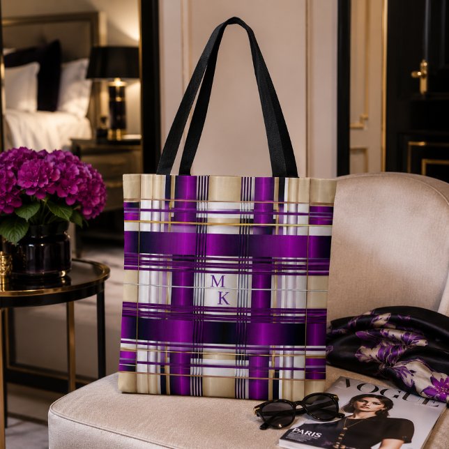 Schicke lila karierte Monogramm-Tasche (Stylish Purple Plaid Monogrammed Tote)