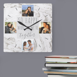 Schicke Marmor-Foto-Collage Glücklich Zusammen Quadratische Wanduhr