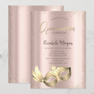 Schicke Maske, Konfetti Roségold Quinceañera Einladung