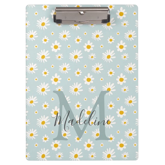 Schicke Minimalschrift-Daisy-Teal-Monogramm Klemmbrett (Vorderseite)