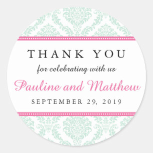 Schicke Minze u. rosa Damast-Hochzeit Runder Aufkleber