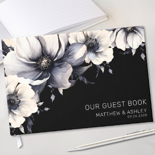 Schicke moderne Blumenhochzeit Schwarz Weiß Gästebuch