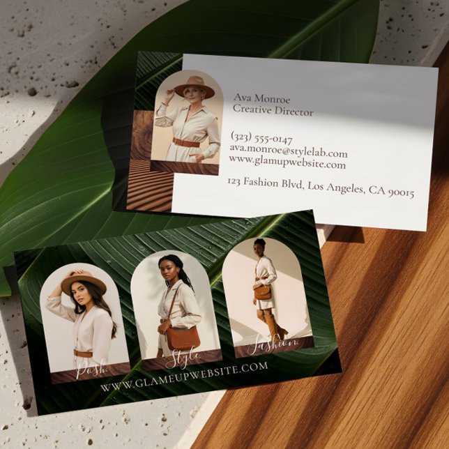 Schicke moderne Boho-Erdmode-Foto-Arch-Collage Visitenkarte (Chic Modern Boho Earthy Fashion Photo Arch Collage Business Card)