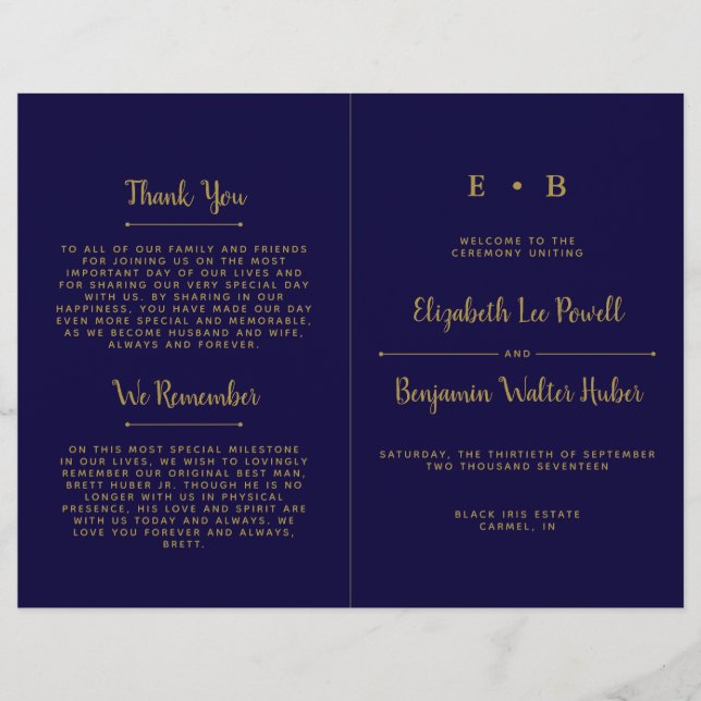 Schicke Navy Blau & Gold Hochzeitsprogrammvorlage (Vorderseite)