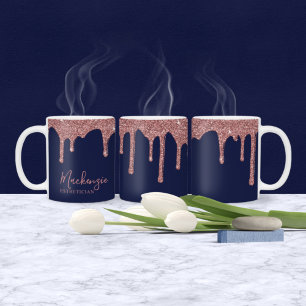 Schicke Navy Blau Roségold Glitter Glanz Tropfen Kaffeetasse