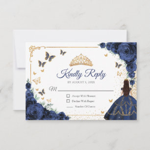 Schicke Navy-Rosen-Gold-Quinceanera-Antwort RSVP Karte