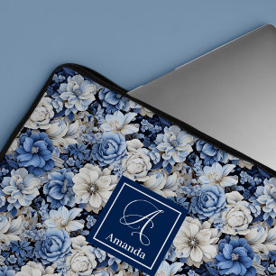 Schicke Navyblaue Blumen Stylische Laptop-Hülle Ca Laptopschutzhülle