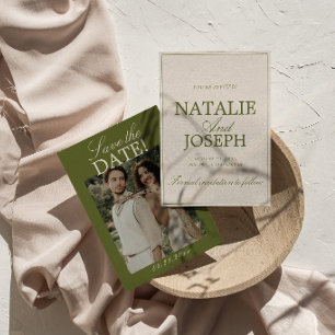 Schicke Olivgrüne Creme Old Money Foto Hochzeit Ge Save The Date