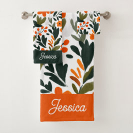 Schicke orange Frühjahrsblumen Botanisches Muster Badhandtuch Set