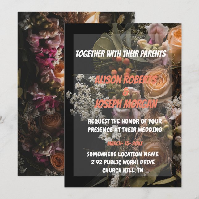 Schicke orangefarbene Blumen-Hochzeitseinladung Einladung (Vorne/Hinten)