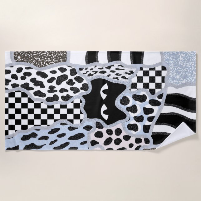 Schicke Patchwork Verdächtige Schwarze Katze Gingh Strandtuch (Vorderseite)