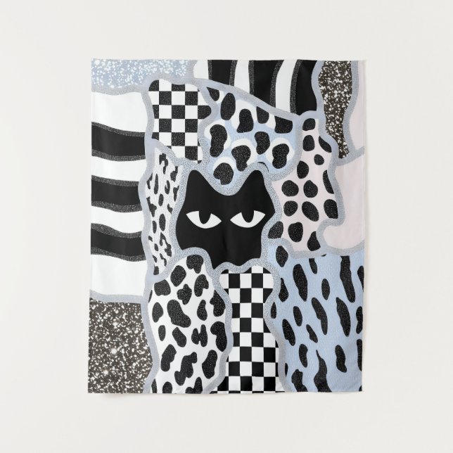 Schicke Patchwork Verdächtige Schwarze Katze Gingh Wandteppich (Vorderseite)