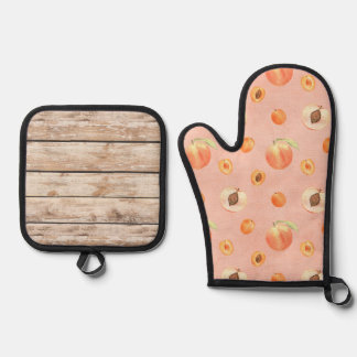 Schicke Pfirsich-Holzstruktur Ofenhandschuh & Topflappen-Set