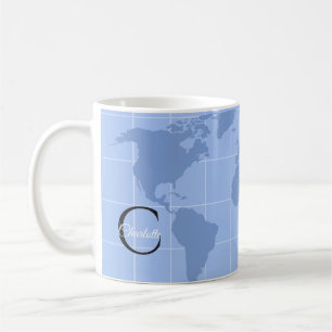 Schicke Riviera-Blau-Weltkarte-Monogramm-Name-Schr Kaffeetasse