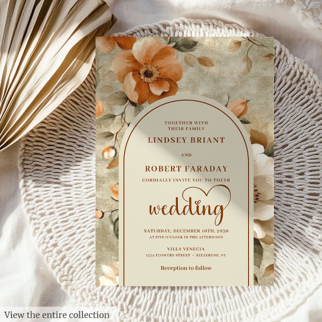 Schicke romantische Boho verbrannte Orange Elfenbe Einladung (Romantic Boho Burnt Orange Ivory Sage Wedding Invitation)