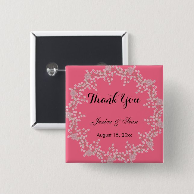 Schicke rosa Blumen- u. Perlen Wedding danken Button (Vorne & Hinten)