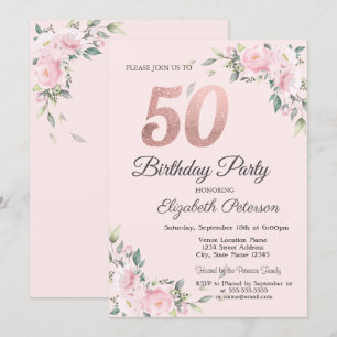Schicke rosa Blumenparty zum 50. Geburtstag Einladung