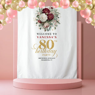 Schicke Rosa-Burgunder-Blumen 80. Geburtstagsrückw Wandteppich