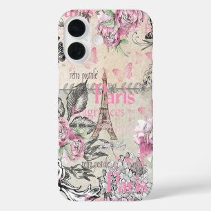 Schicke rosa florale Pariser Eiffelturm-Typografie iPhone 16 Hülle