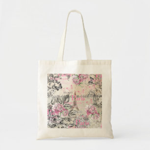 Schicke rosa florale Pariser Eiffelturm-Typografie Tragetasche