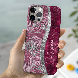 Schicke rosa Fuchsien-Glitter-Blätter-Monogramm Case-Mate iPhone Hülle