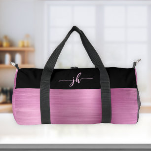 Schicke rosa gebürstete Metall-Schwarz-Schrift-Mon Duffle Bag