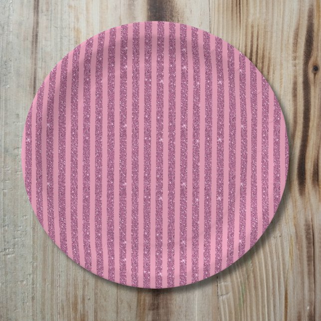 Schicke Rosa Glitter Style Vertikale Streifen Pappteller (Von Creator hochgeladen)