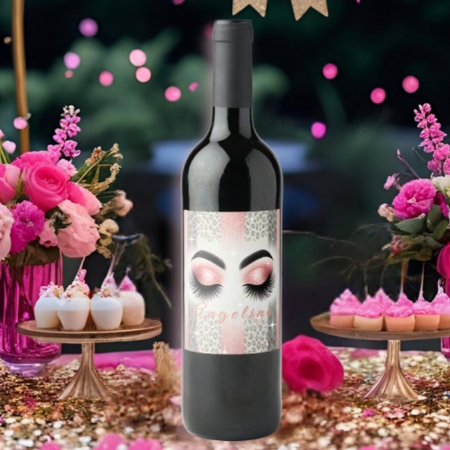 Schicke rosa Glitzer-Wimpern  Weinetikett ( Glam up your bachelorette party with this customizable wine label! Perfect for a bride’s last bash.)