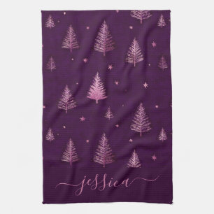 Schicke rosa glitzernde lila Weihnachtsbäume Name Geschirrtuch