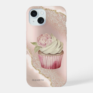Schicke rosa goldene Glitter-Marmor-Cupcake iPhone 15 Hülle