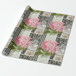 Schicke rosa Hortensien-Collage Vintage-Damaskus-K Geschenkpapier