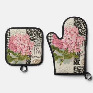 Schicke rosa Hortensien-Collage Vintage-Damaskus-K Ofenhandschuh & Topflappen-Set