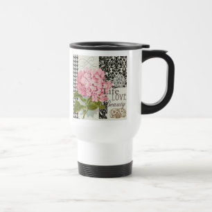 Schicke rosa Hortensien-Collage Vintage-Damaskus-K Reisebecher