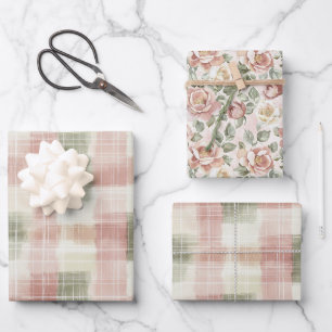 Schicke rosa Minzcreme Karo Streifen Geburtstag Geschenkpapier Set